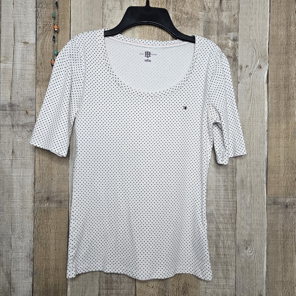 Tommy Hilfiger white Polka Dot Pullover Round Neck Short Sleeves Blouse Sz Small